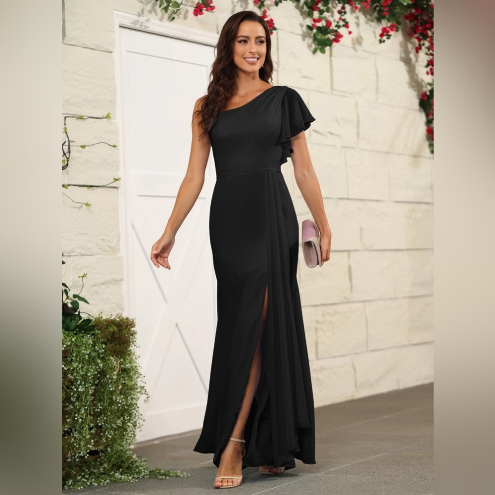 One‎ Shoulder Chiffon Long Bridesmaid Dress with Slit NWT L